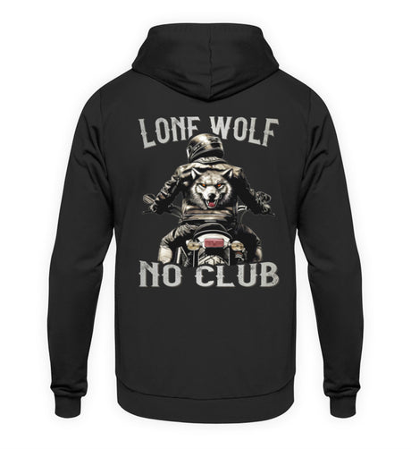 Ein Biker Hoodie für Motorradfahrer von Wingbikers mit dem Aufdruck, Lone Wolf - No Club, als Back Print, in schwarz.