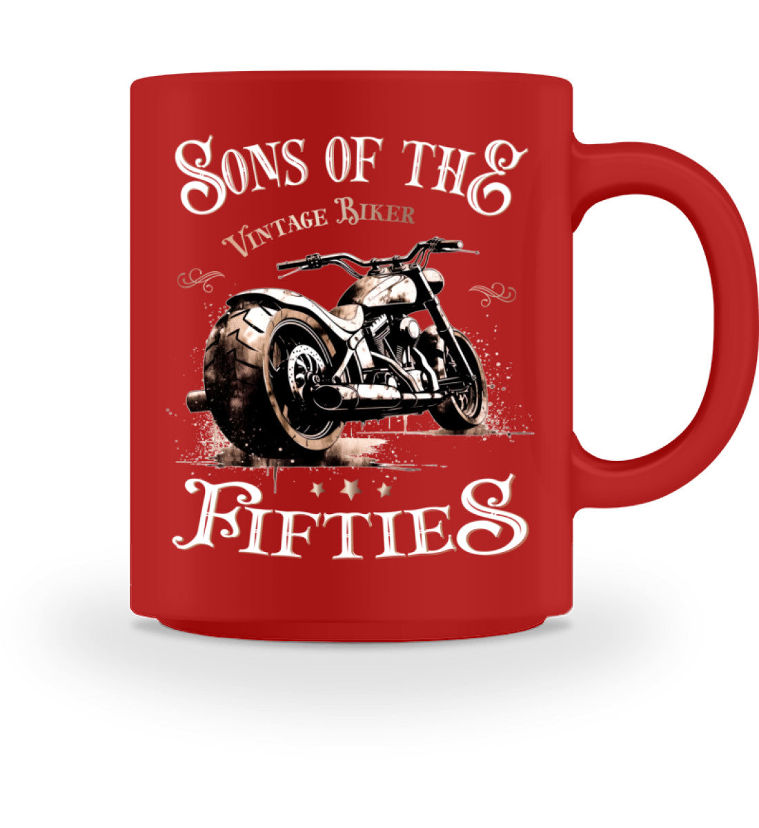 Eine Tasse für Motorradfahrer von Wingbikers, mit dem beidseitigen Aufdruck, Sons of the Fifties - Vintage Biker, in rot.