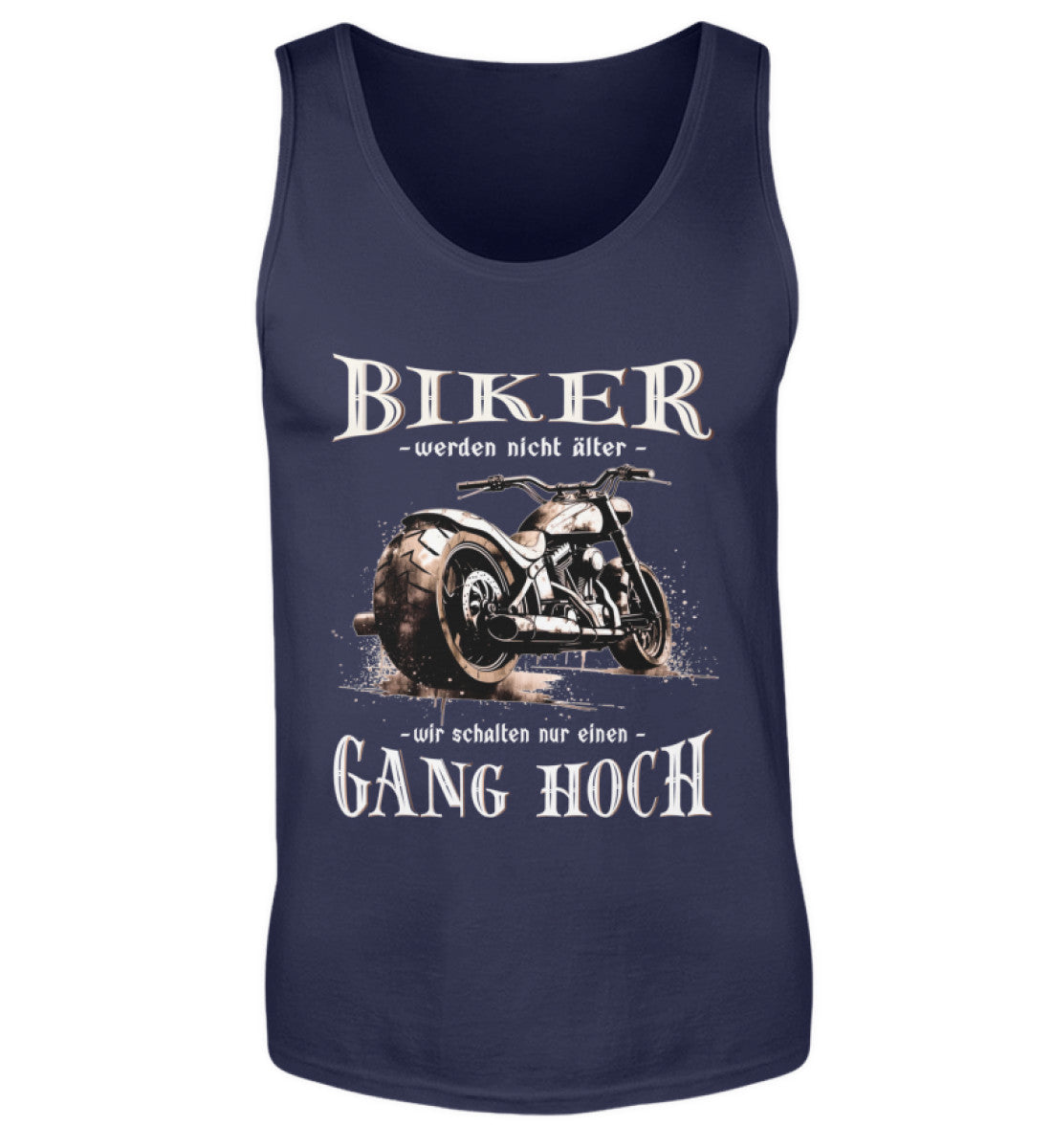 Ein Biker Tanktop für Motorradfahrer von Wingbikers mit dem Aufdruck, Biker werden nicht älter - Wir schalten nur einen Gang hoch! - in navy blau.