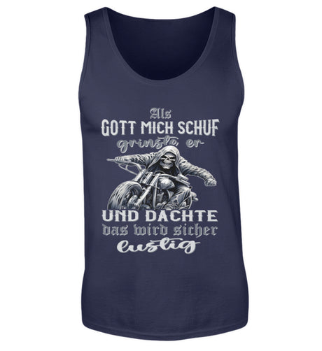 Ein Biker Tanktop für Motorradfahrer von Wingbikers mit dem Aufdruck, Als Gott mich schuf grinste er und dachte, das wird sicher lustig! - in navy blau. 