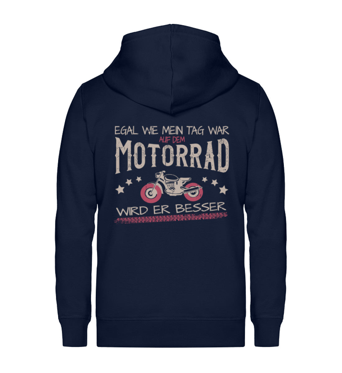 Eine Reißverschluss-Jacke für Motorradfahrerinnen von Wingbikers mit dem Aufdruck, Egal wie mein Tag war, auf dem Motorrad wird er besser, in navy blau.