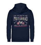 Eine Reißverschluss-Jacke für Motorradfahrerinnen von Wingbikers mit dem Aufdruck, Egal wie mein Tag war, auf dem Motorrad wird er besser, in navy blau.