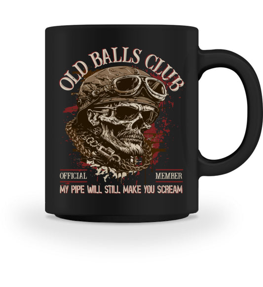 Eine Tasse für Motorradfahrer von Wingbikers, mit dem beidseitigen Aufdruck, Old Balls Club - My Pipe Will Still Make You Scream, in schwarz.