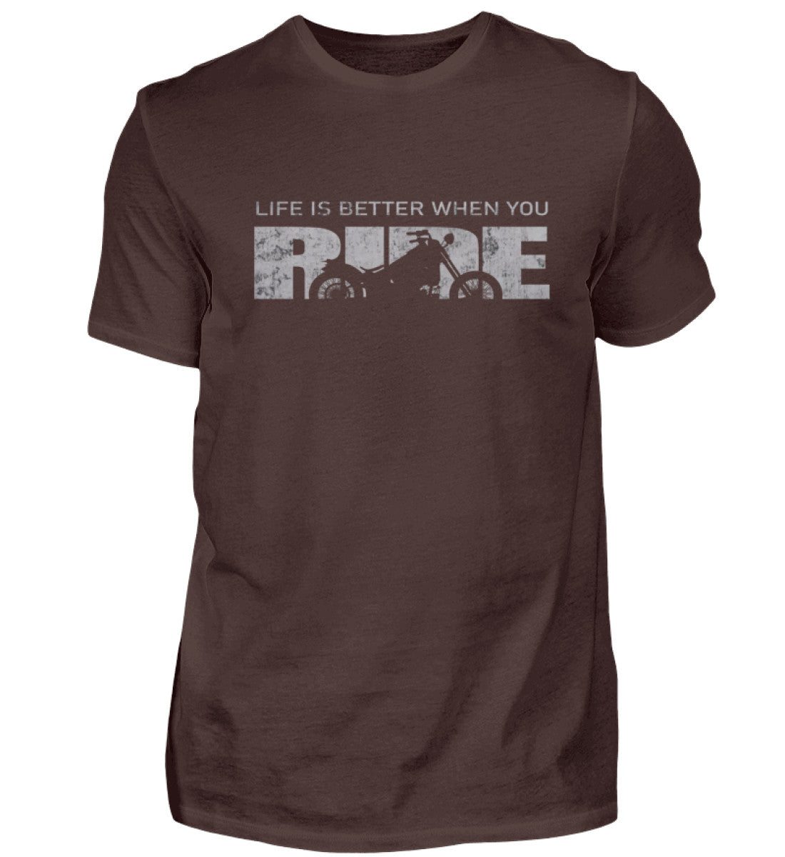 Ein T-Shirt für Motorradfahrer von Wingbikers mit dem Aufdruck, Life Is Better When You Ride - mit einem Motorrad, in braun.