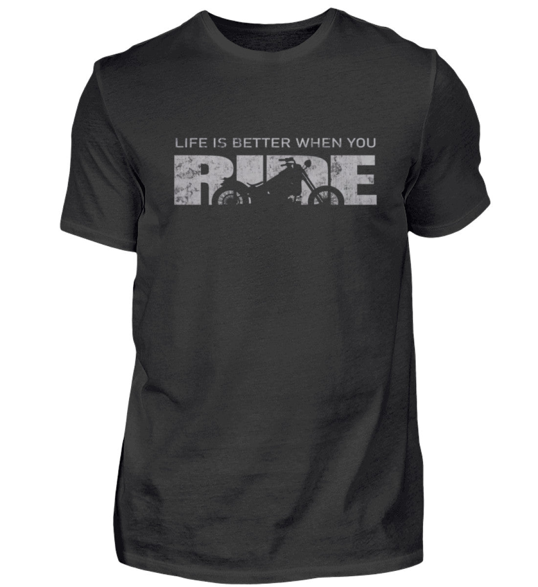 Ein T-Shirt für Motorradfahrer von Wingbikers mit dem Aufdruck, Life Is Better When You Ride - mit einem Motorrad, in schwarz.