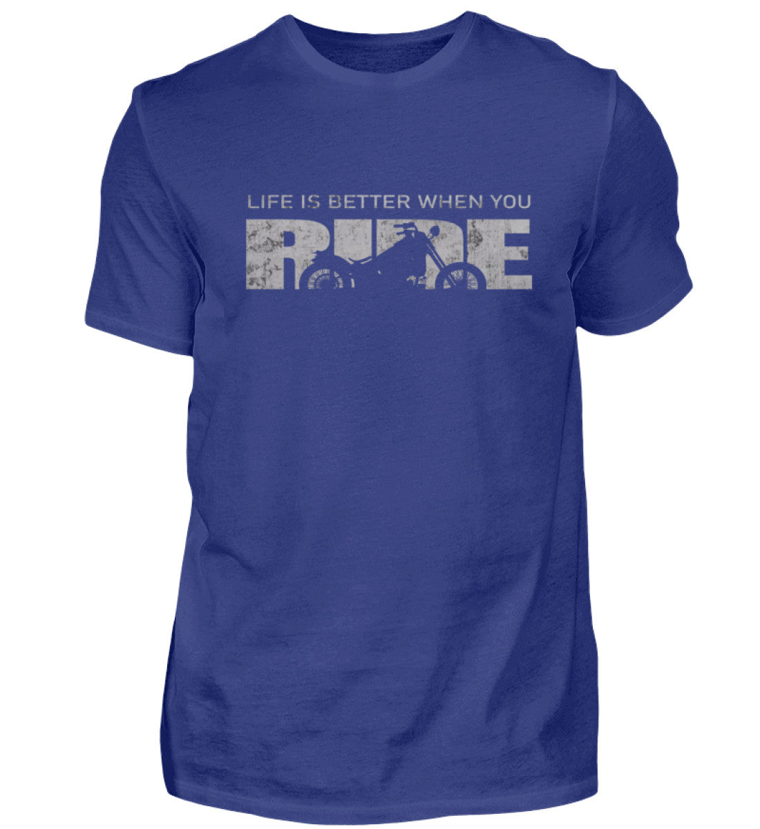 Ein T-Shirt für Motorradfahrer von Wingbikers mit dem Aufdruck, Life Is Better When You Ride - mit einem Motorrad, in royal blau.
