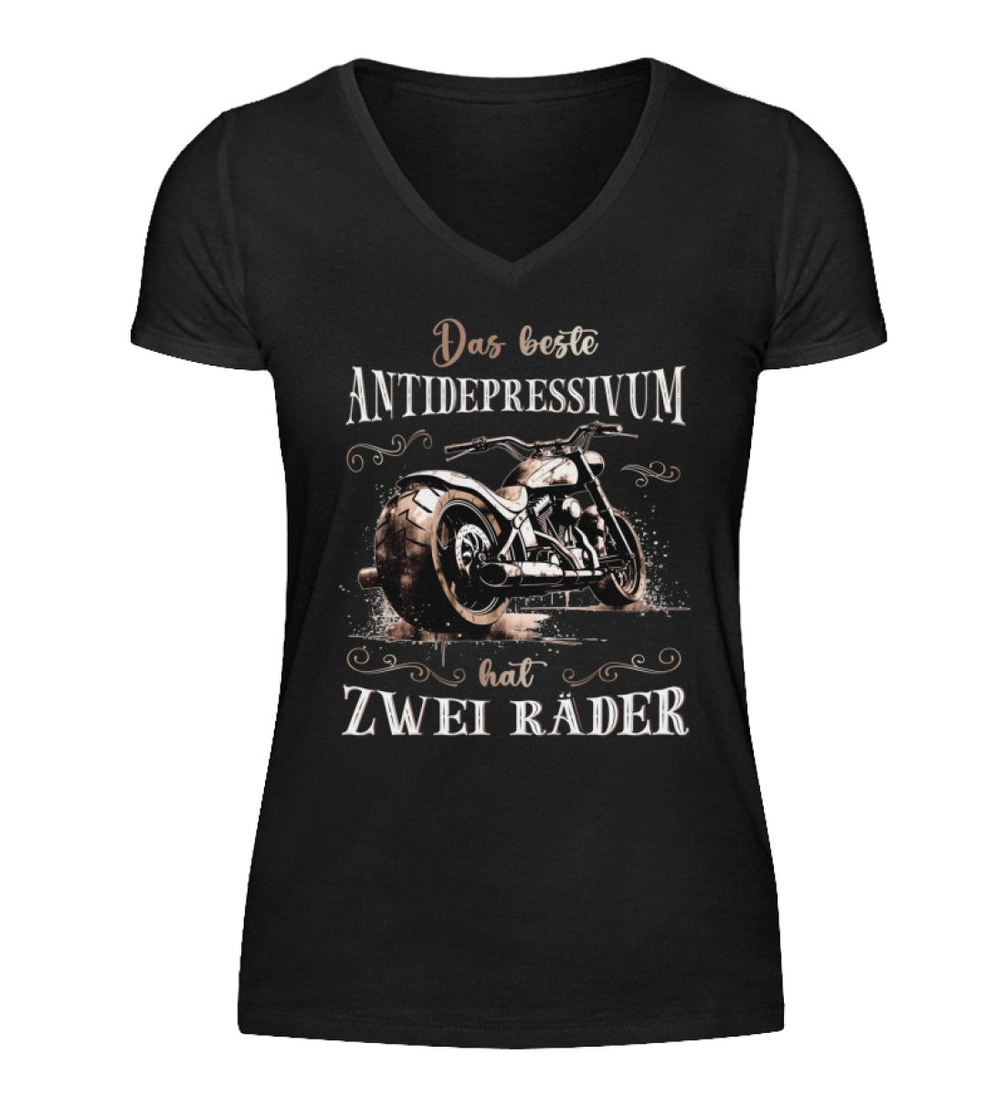 Ein T-Shirt mit V-Ausschnitt für Motorradfahrerinnen von Wingbikers mit dem Aufdruck, Das beste Antidepressivum hat zwei Räder, in schwarz.