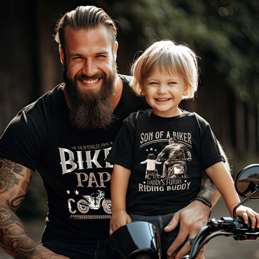 Ein Motorrad Sweatshirt für Jungen von Wingbikers, mit dem Aufdruck, Son Of A Biker - Daddy Future Riding Buddy, in schwarz.