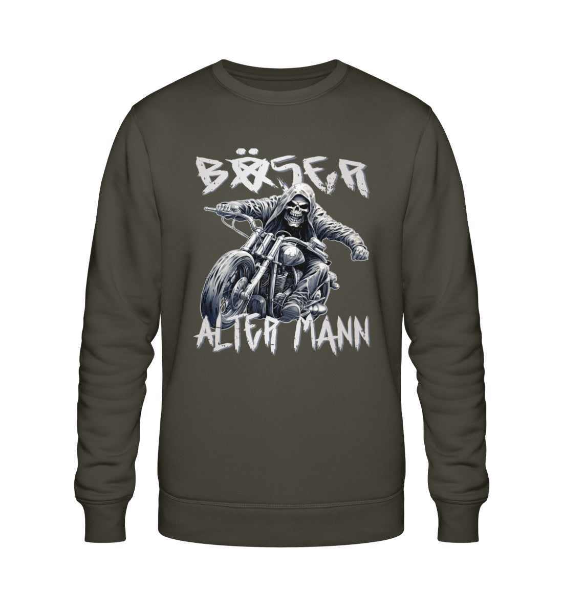 Ein Sweatshirt von Wingbikers für Motorradfahrer mit dem Aufdruck, Böser alter Mann, in khaki grün. 