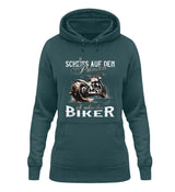 Ein Damen Hoodie für Motorradfahrerinnen von Wingbikers mit dem Aufdruck, Scheiß auf den Prinzen, ich nehm' den Biker, in petrol türkis.