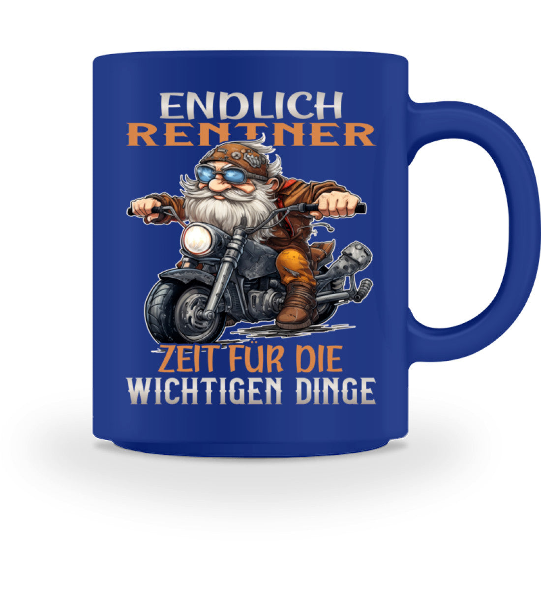 Eine Tasse für Motorradfahrer von Wingbikers, mit dem beidseitigen Aufdruck, Endlich Rente, Zeit für die wichtigen Dinge, in royal blau.