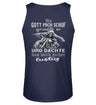 Ein Biker Tanktop für Motorradfahrer von Wingbikers mit dem Aufdruck, Als Gott mich schuf grinste er und dachte, das wird sicher lustig! mit Back Print, in navy blau. 