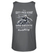 Ein Biker Tanktop für Motorradfahrer von Wingbikers mit dem Aufdruck, Als Gott mich schuf grinste er und dachte, das wird sicher lustig! mit Back Print, in dunkelgrau. 