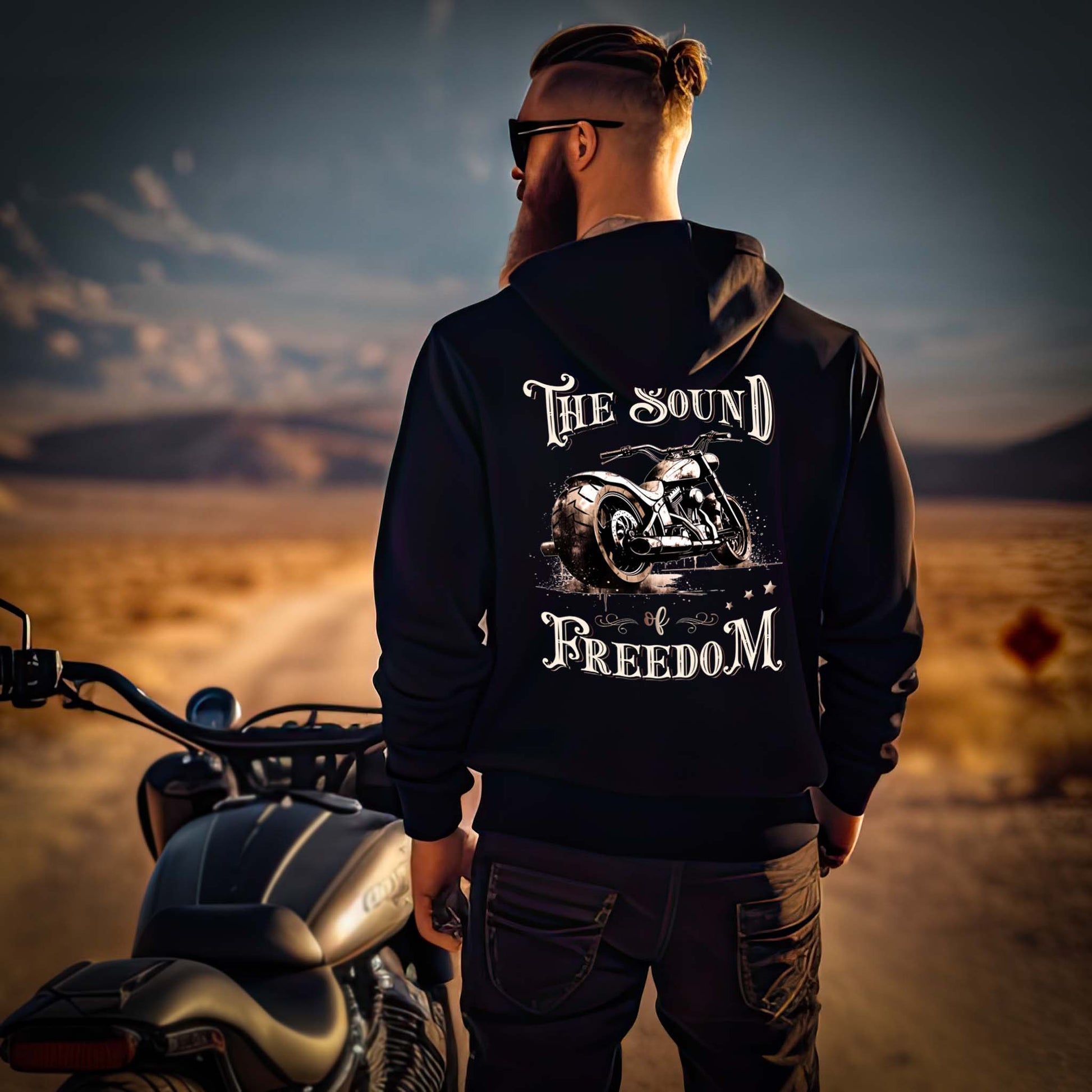 Ein Motorradfahrer mit einem Hoodie von Wingbikers mit dem Aufdruck, The Sound of Freedom, als Back Print, in schwarz.