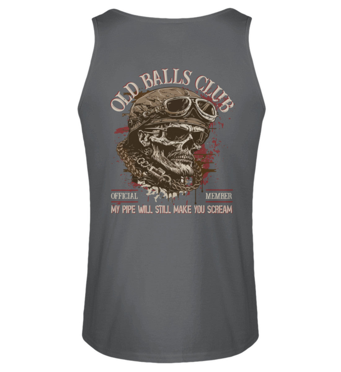 Ein Biker Tanktop für Motorradfahrer von Wingbikers mit dem Aufdruck, Old Balls Club - My Pipe Will Still Make You Scream, als Back Print, in dunkelgrau.