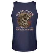 Ein Biker Tanktop für Motorradfahrer von Wingbikers mit dem Aufdruck, Old Balls Club - My Pipe Will Still Make You Scream, als Back Print, in navy blau.