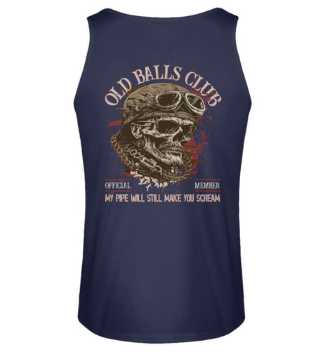 Ein Biker Tanktop für Motorradfahrer von Wingbikers mit dem Aufdruck, Old Balls Club - My Pipe Will Still Make You Scream, als Back Print, in navy blau.