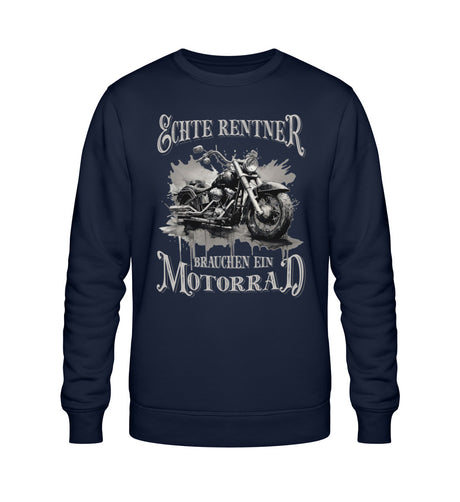 Ein Biker Sweatshirt für Motorradfahrer von Wingbikers mit dem Aufdruck, Echte Rentner brauchen ein Motorrad, in navy blau.