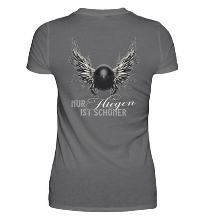 Ein T-Shirt für Motorradfahrerinnen von Wingbikers mit dem Aufdruck, Nur fliegen ist schöner, in dunkelgrau.