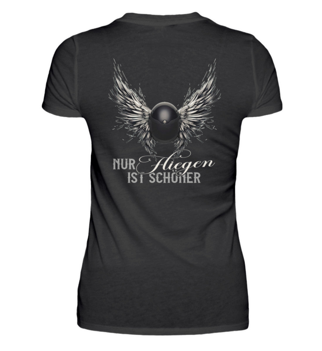 Ein T-Shirt für Motorradfahrerinnen von Wingbikers mit dem Aufdruck, Nur fliegen ist schöner, in schwarz.