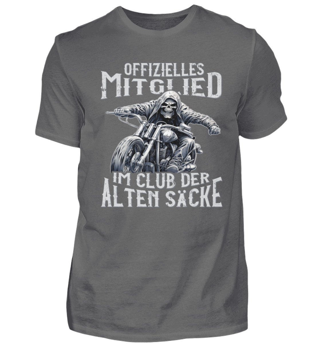 Ein Biker T-Shirt für Motorradfahrer von Wingbikers mit dem Aufdruck, Offizielles Mitglied im Club der alten Säcke, in grau. 
