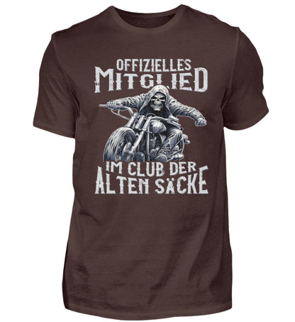 Ein Biker T-Shirt für Motorradfahrer von Wingbikers mit dem Aufdruck, Offizielles Mitglied im Club der alten Säcke, in braun. 