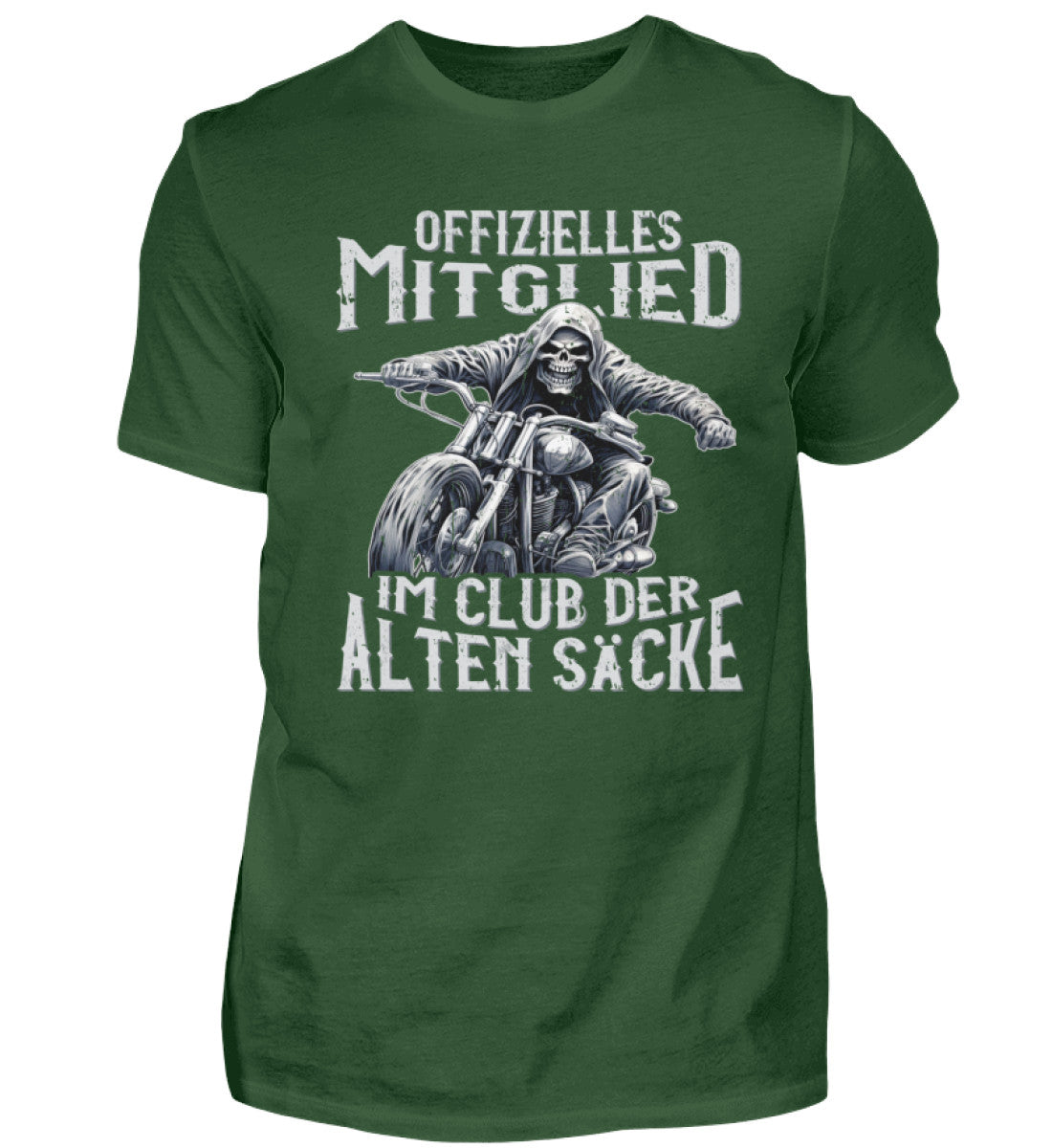 Ein Biker T-Shirt für Motorradfahrer von Wingbikers mit dem Aufdruck, Offizielles Mitglied im Club der alten Säcke, in dunkegrün. 