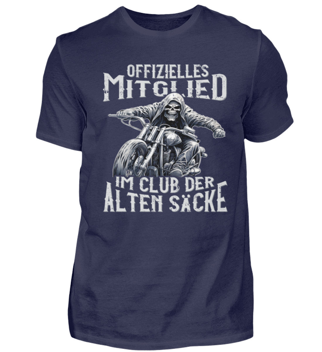 Ein Biker T-Shirt für Motorradfahrer von Wingbikers mit dem Aufdruck, Offizielles Mitglied im Club der alten Säcke, in navy blau. 