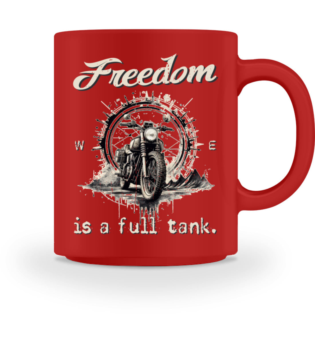 Ein Tasse für Motorradfahrer von Wingbikers mit dem beidseitigem Aufdruck, Freedom Is A Full Tank - Freiheit ist ein voller Tank - mit einem Retro Vintage klassischem Motorrad, in rot.