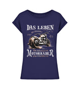 Ein Bikerin T-Shirt für Motorradfahrerinnen von Wingbikers mit dem Aufdruck, Das Leben ist zu kurz, um hässliche Motorräder zu fahren - leger geschnitten, in navy blau.