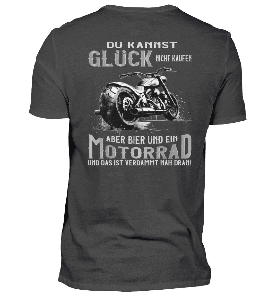 Ein Biker T-Shirt für Motorradfahrer von Wingbikers mit dem Aufdruck, Du kannst Glück nicht kaufen, aber Bier und ein Motorrad und das ist verdammt nah dran! - mit Back Print, in dunkegrau.