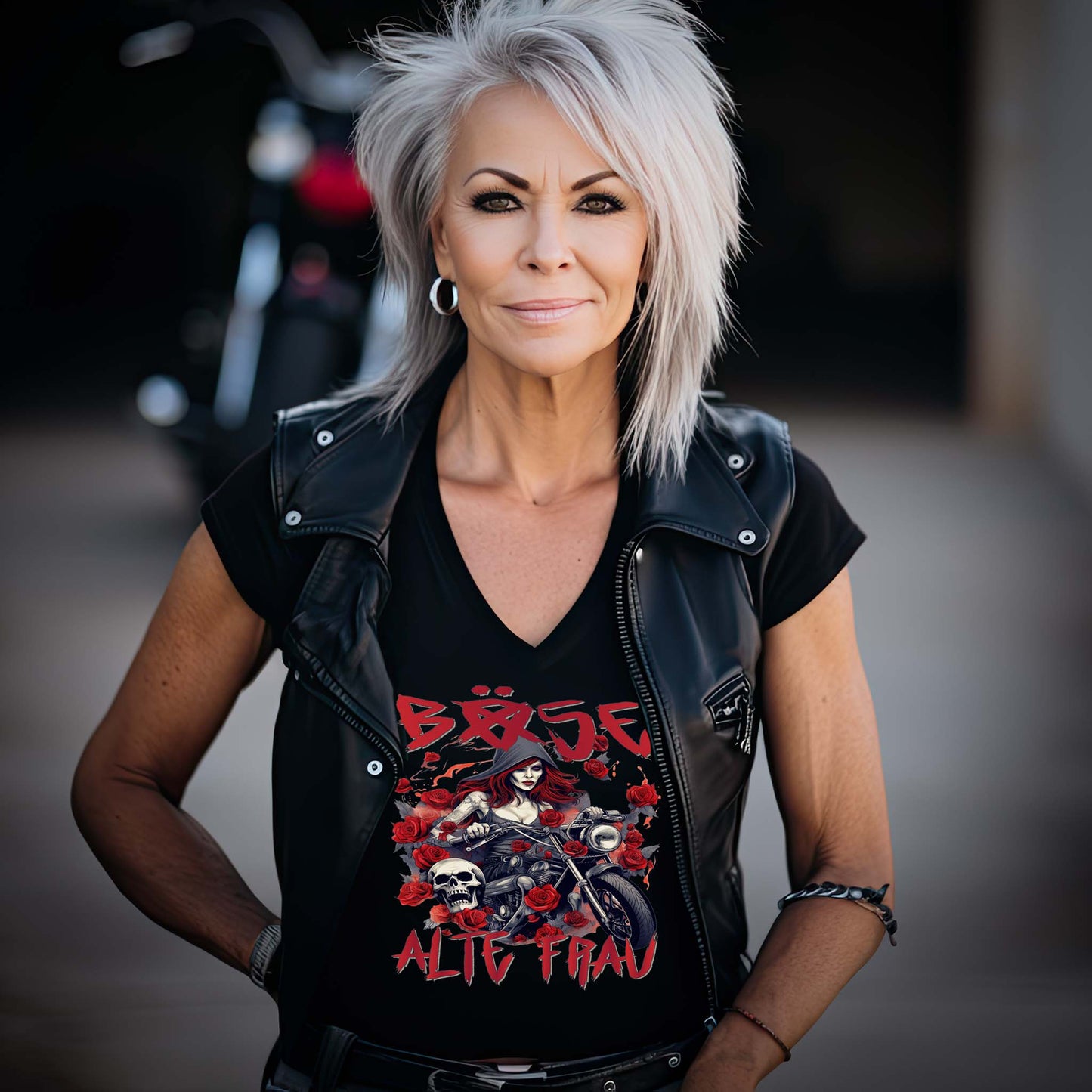 Eine Frau mit einem T-Shirt mit V-Ausschnitt für Motorradfahrerinnen von Wingbikers mit dem Aufdruck, Böse Alte Frau, in schwarz.