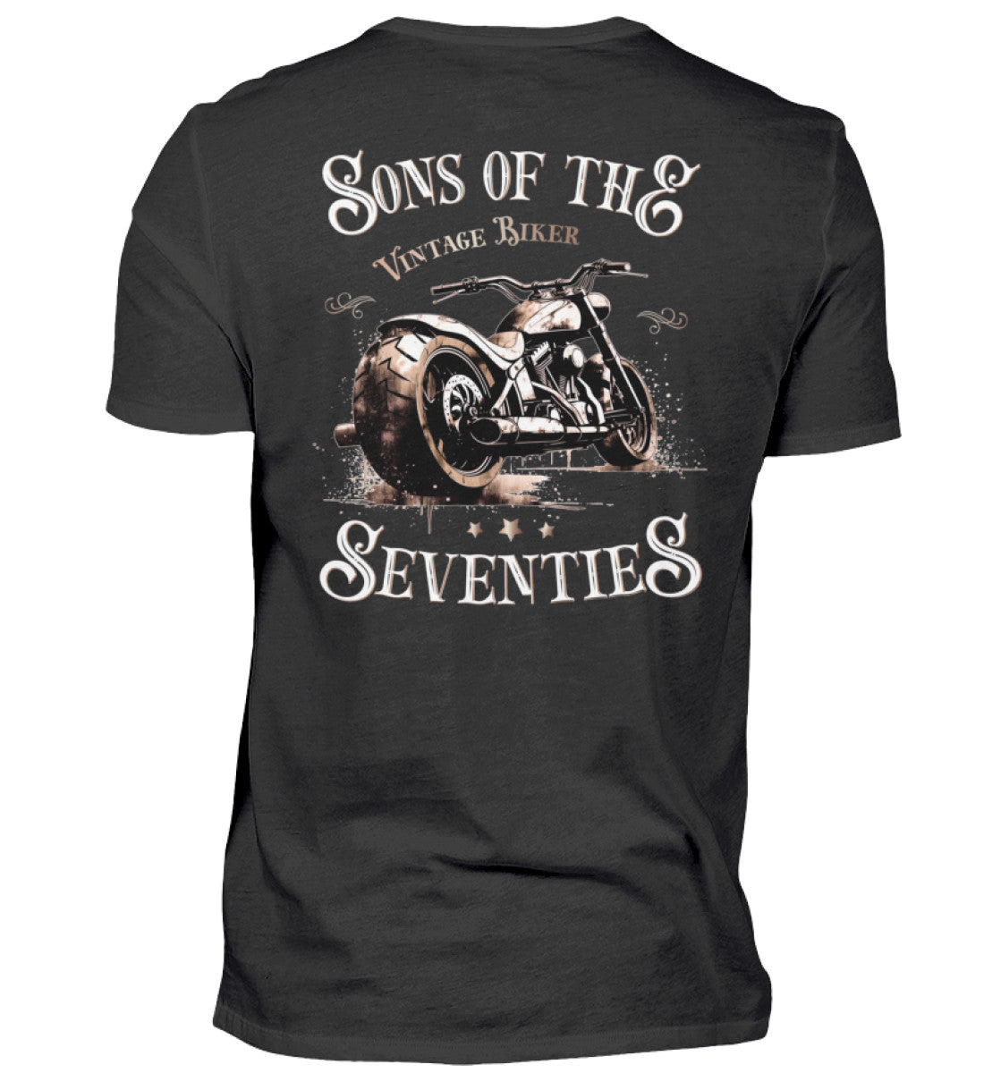 Ein T-Shirt für Motorradfahrer von Wingbikers mit dem Aufdruck, Sons of the Seventies - Vintage Biker, als Back Print, in schwarz.
