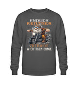 Ein Sweatshirt für Motorradfahrer von Wingbikers mit dem Aufdruck, Endlich Rente, Zeit für die wichtigen Dinge, in dunkelgrau.