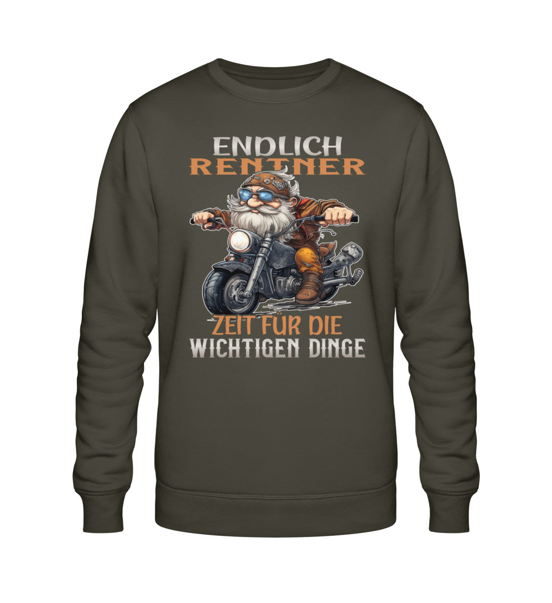 Ein Sweatshirt für Motorradfahrer von Wingbikers mit dem Aufdruck, Endlich Rente, Zeit für die wichtigen Dinge, in khaki grün.