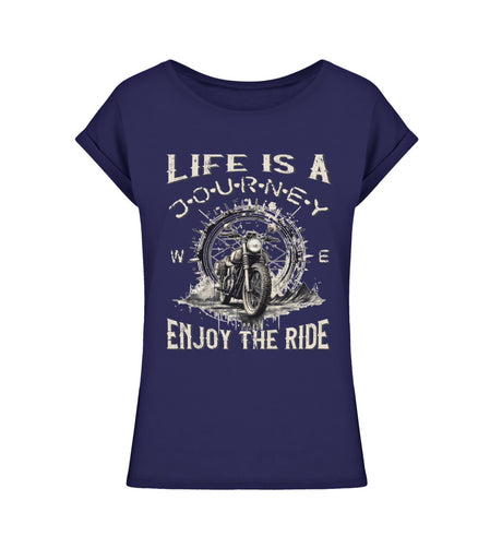 Ein T-Shirt für Motorradfahrerinnen von Wingbikers mit dem Aufdruck, Life Is A Journey - Enjoy The Ride - mit einem Retro Vintage klassischem Motorrad, leger geschnitten, in navy blau.