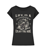 Ein T-Shirt für Motorradfahrerinnen von Wingbikers mit dem Aufdruck, Life Is A Journey - Enjoy The Ride - mit einem Retro Vintage klassischem Motorrad, leger geschnitten, in schwarz.