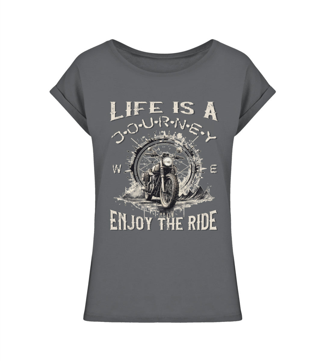 Ein T-Shirt für Motorradfahrerinnen von Wingbikers mit dem Aufdruck, Life Is A Journey - Enjoy The Ride - mit einem Retro Vintage klassischem Motorrad, leger geschnitten, in dunkelgrau.