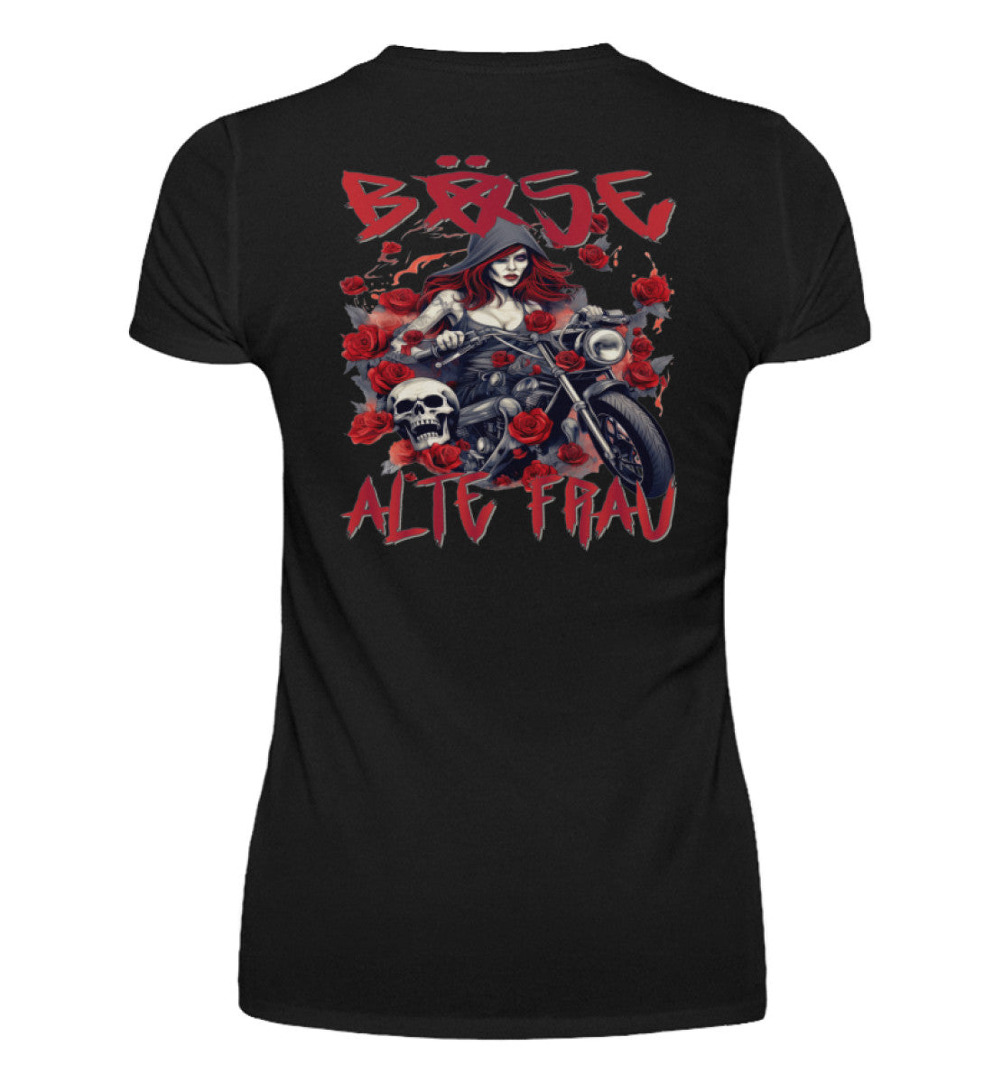 Ein T-Shirt mit V-Ausschnitt für Motorradfahrerinnen von Wingbikers mit dem Aufdruck, Böse Alte Frau, als Back Print, in schwarz.