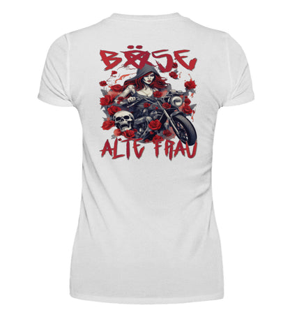 Ein T-Shirt mit V-Ausschnitt für Motorradfahrerinnen von Wingbikers mit dem Aufdruck, Böse Alte Frau, als Back Print, in weiß.