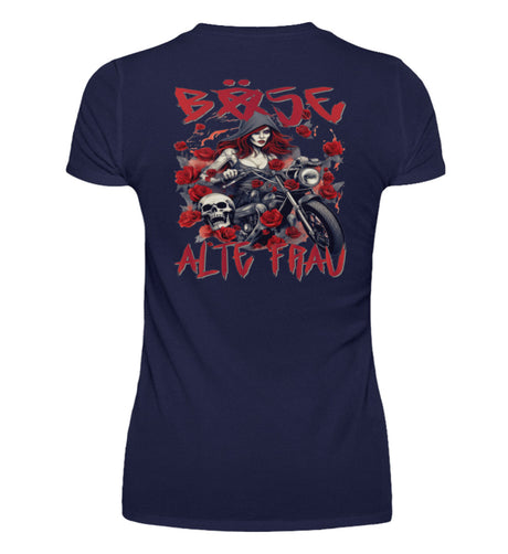 Ein T-Shirt mit V-Ausschnitt für Motorradfahrerinnen von Wingbikers mit dem Aufdruck, Böse Alte Frau, als Back Print, in navy blau.