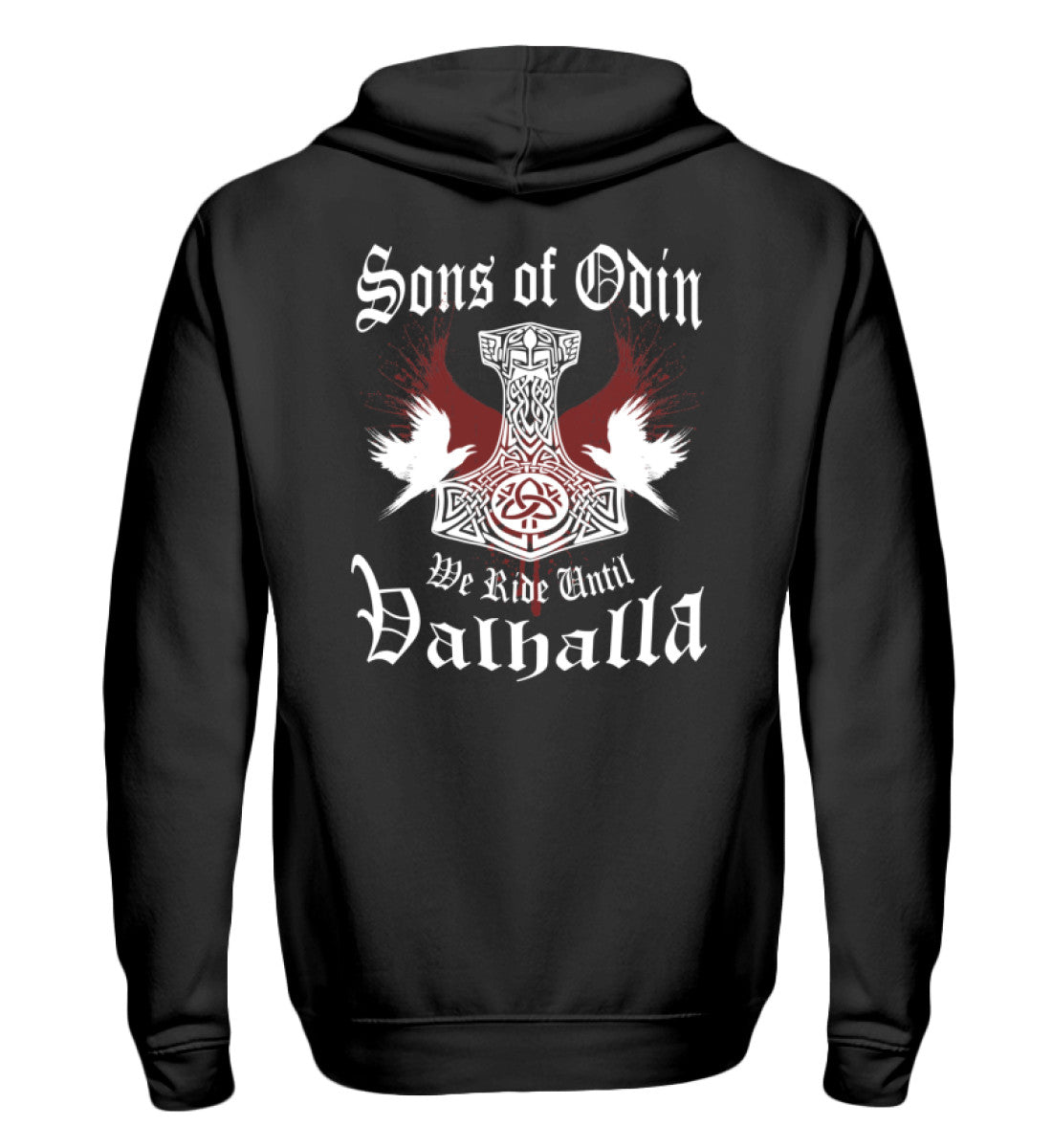 Eine Reißverschluss-Jacke für Motorradfahrer von Wingbikers mit dem Aufdruck, Sons of Odin - We Ride Until Valhalla - in schwarz.