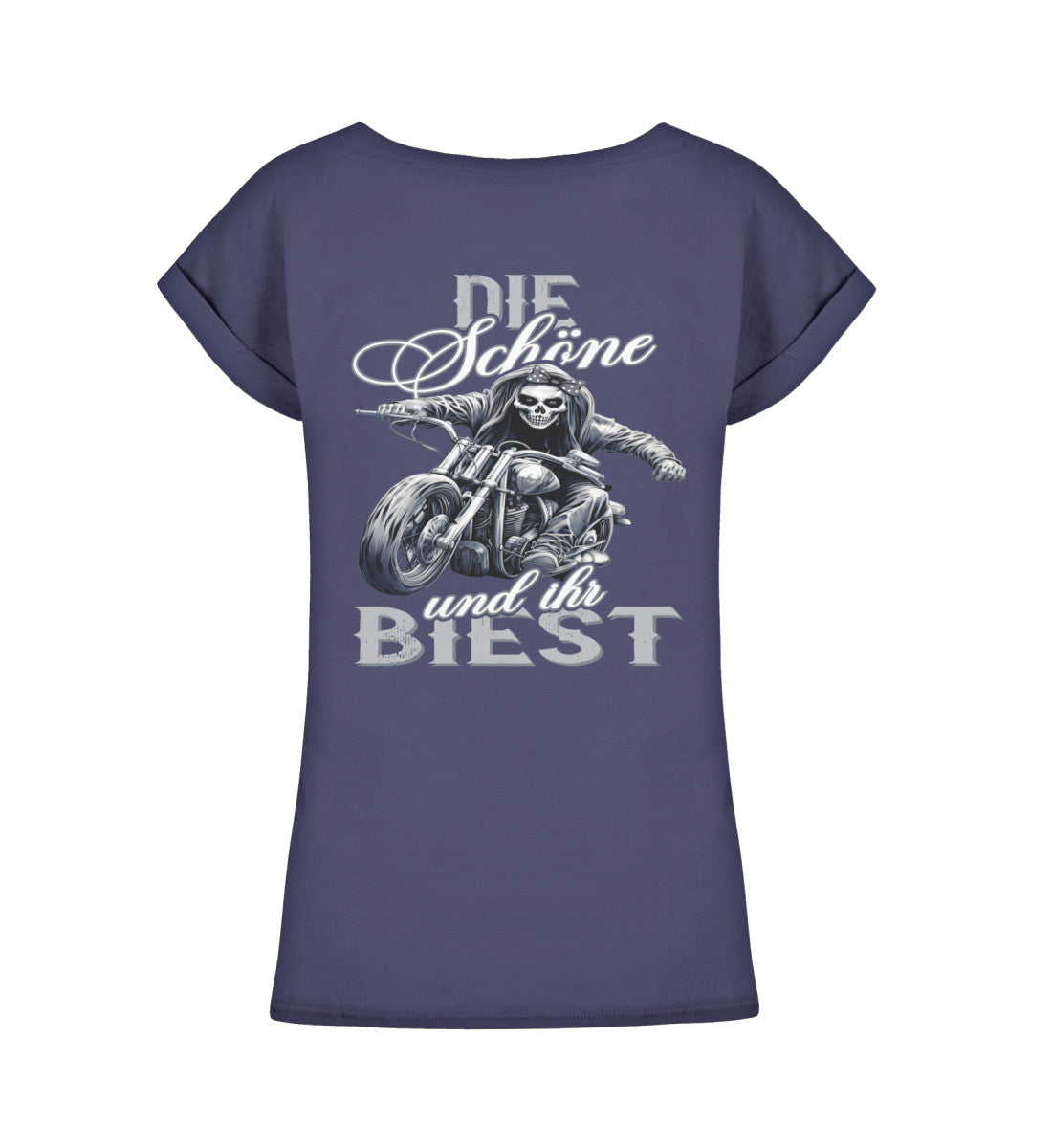 Ein Bikerin T-Shirt für Motorradfahrerinnen von Wingbikers mit dem Aufdruck, Die Schöne und ihr Biest - mit Back Print, leger geschnitten, in navy blau.