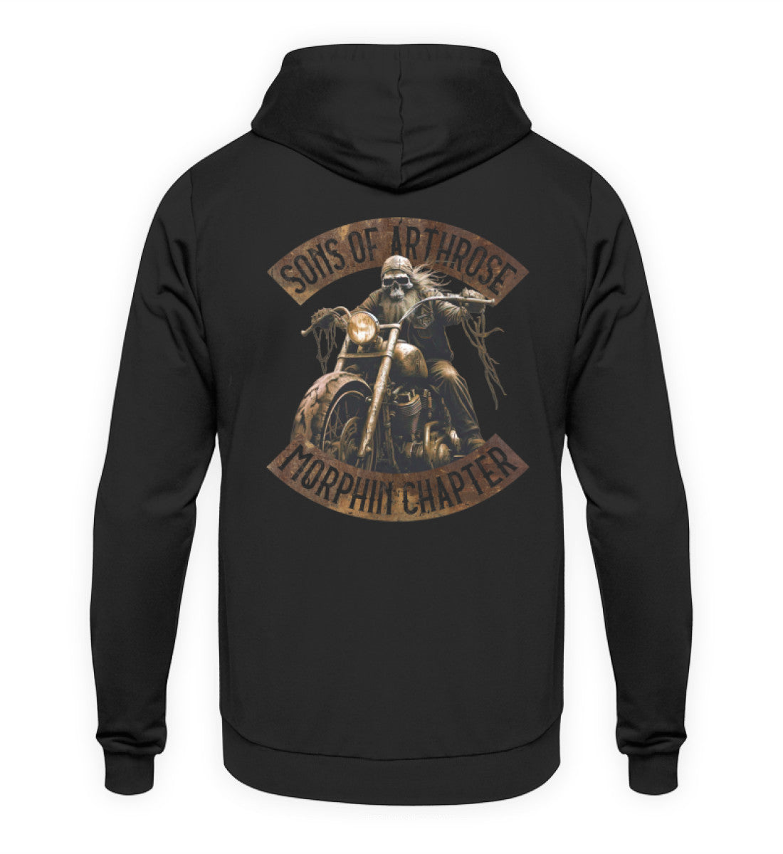 Ein Biker Hoodie für Motorradfahrer von Wingbikers mit dem Aufdruck, Sons of Arthrose - Morphin Chapter, in schwarz.