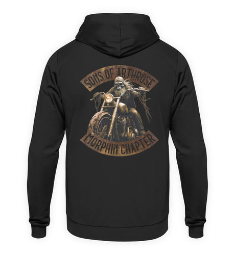 Ein Biker Hoodie für Motorradfahrer von Wingbikers mit dem Aufdruck, Sons of Arthrose - Morphin Chapter, in schwarz.