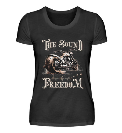 Ein T-Shirt für Motorradfahrerinnen von Wingbikers mit dem Aufdruck, The Sound of Freedom, in schwarz.