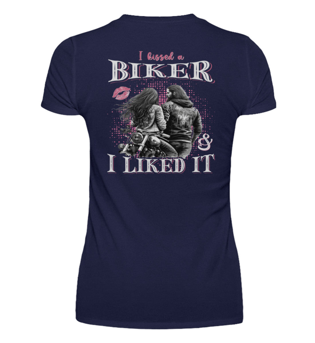 Ein T-Shirt mit V-Ausschnitt für Motorradfahrerinnen von Wingbikers mit dem Aufdruck, I Kissed A Biker And I Liked It, als Backprint in navy blau.