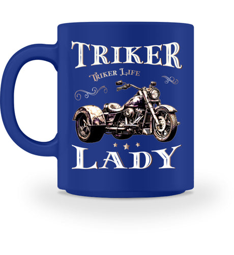 Eine Tasse für Motorradfahrer von Wingbikers, mit dem beidseitigen Aufdruck, Triker Lady - Triker Life, im vintage Stil, in royal blau.