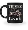 Eine Tasse für Motorradfahrer von Wingbikers, mit dem beidseitigen Aufdruck, Triker Lady - Triker Life, im vintage Stil, in schwarz.