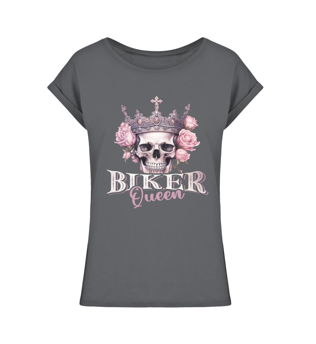 Ein Bikerin T-Shirt für Motorradfahrerinnen von Wingbikers mit dem Aufdruck, Biker Queen - leger geschnitten, in dunkelgrau.